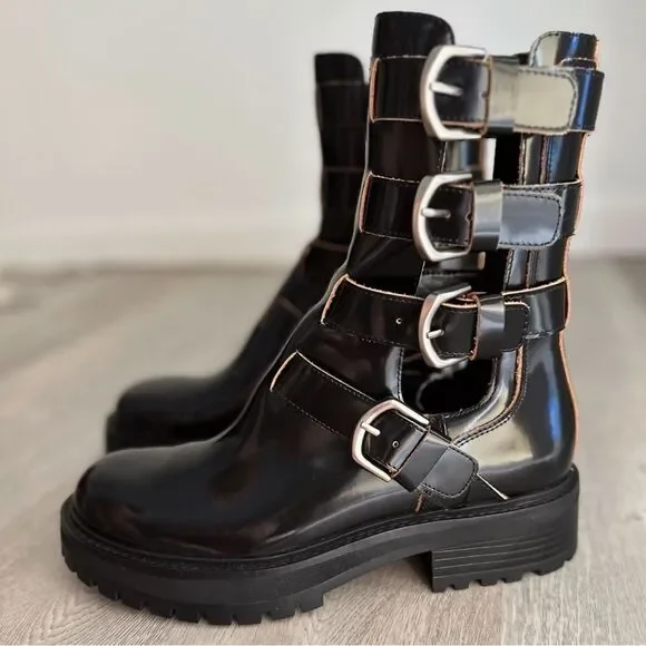 ZARA BUCKLED OPEN DETAIL LEATHER ANKLE BOOTS - Picture 2 of 6